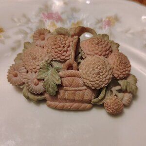 Vtg Rare Pastel Pink CELLELOID CHRYSANTHEMUN Dahlia BROOCH Flower Basket